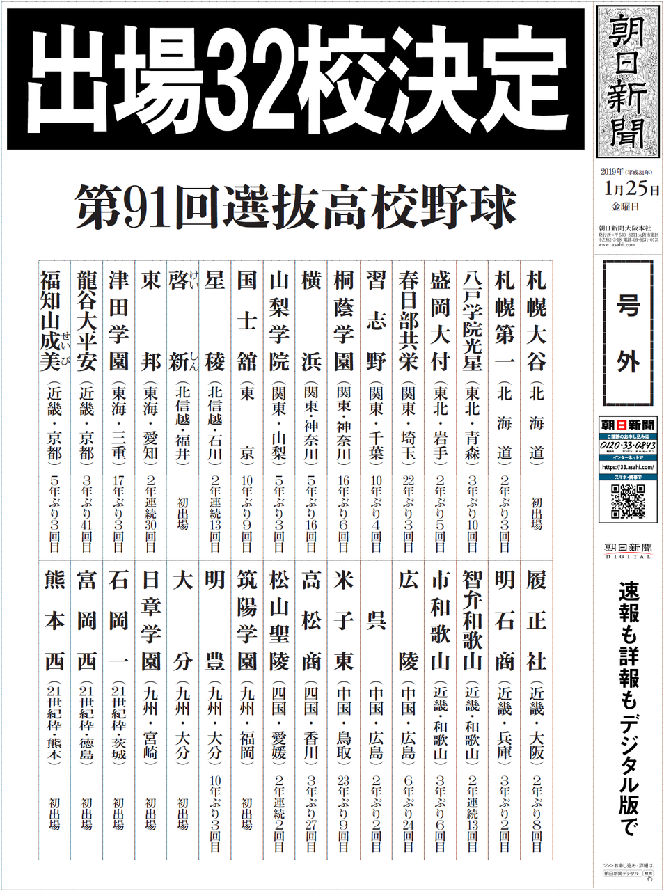 選抜高校野球出場３２校決定 | なうち新聞店 ASAひたち野うしく・阿見